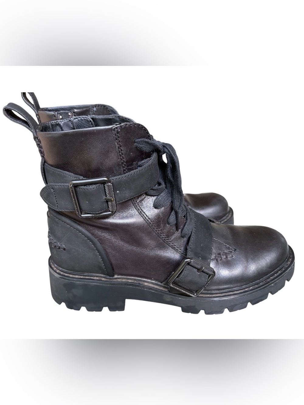 Ugg Noe Combat Moto Leather Black Lug Sole Buckle Boot Women Sz 8 Military Cop